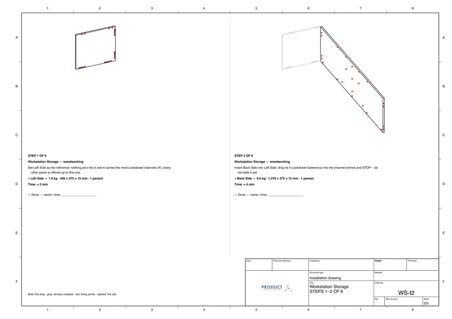 Live drawing: Installation sheet, steps 1–2