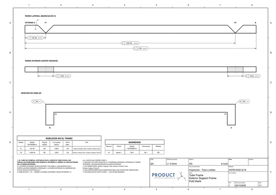 Plano real: Plano de plegado de tubo · soporte exterior de Tube Frame