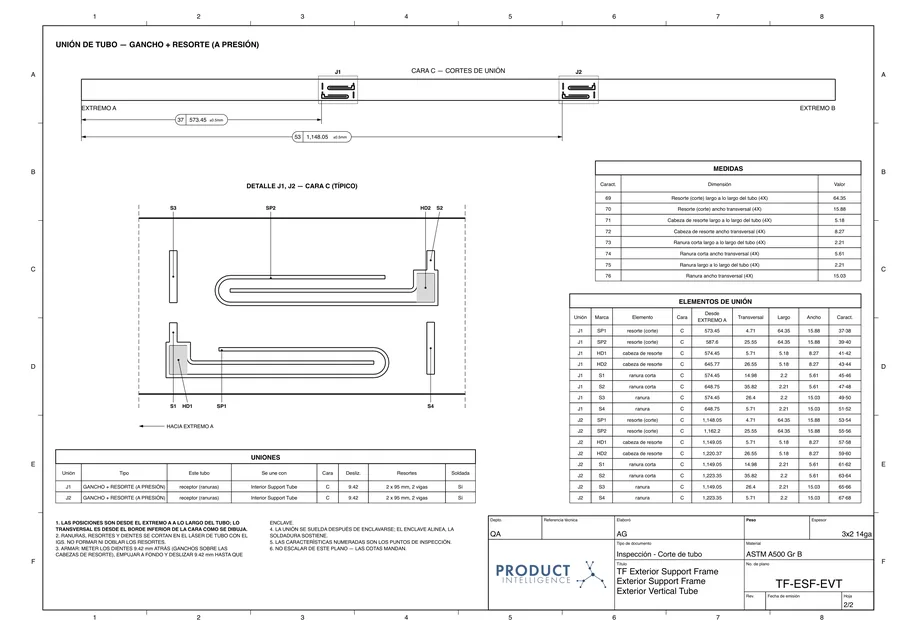Plano real: Plano de unión de tubo · Exterior Vertical Tube