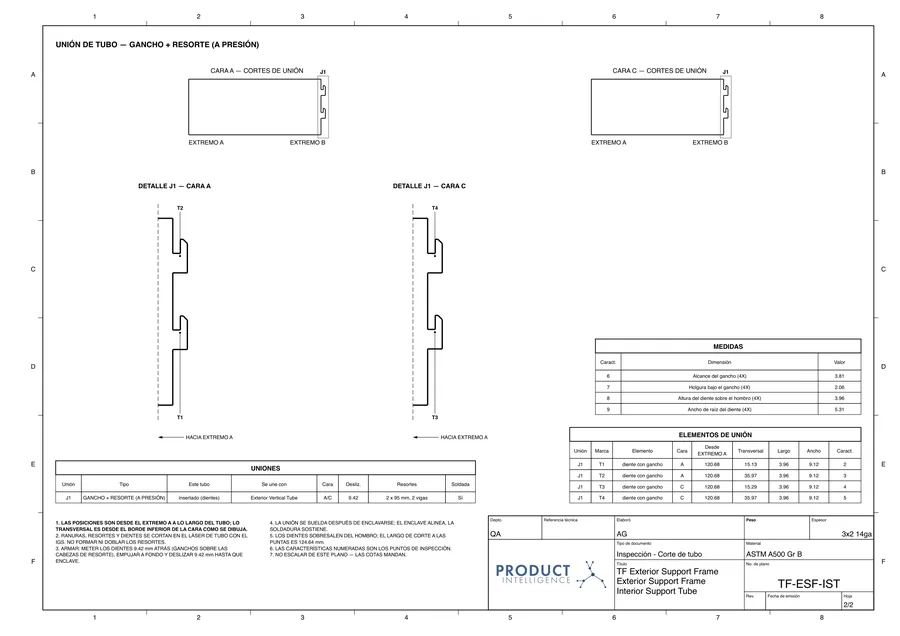 Plano real: Plano de unión de tubo · Interior Support Tube