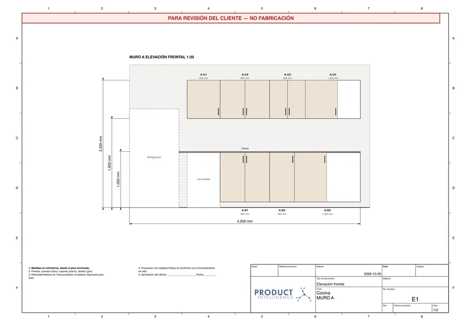 Plano real: Alzado frontal · Muro A