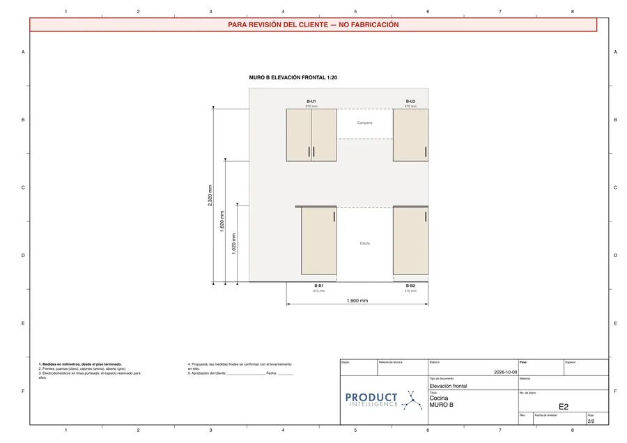 Plano real: Alzado frontal · Muro B
