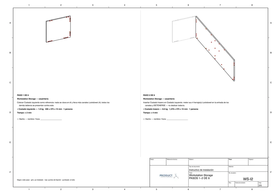 Plano real: Plano de instalación, pasos 1–2