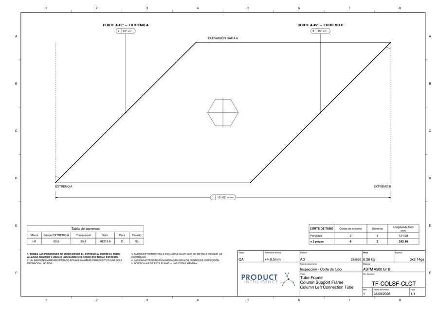 Plano real: Plano de corte de tubo · TF-COLSF-CLCT